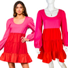 Pink and Red Babydoll Tiered Dress