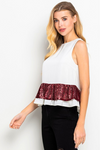 Maroon and White Sequin Ruffle Top